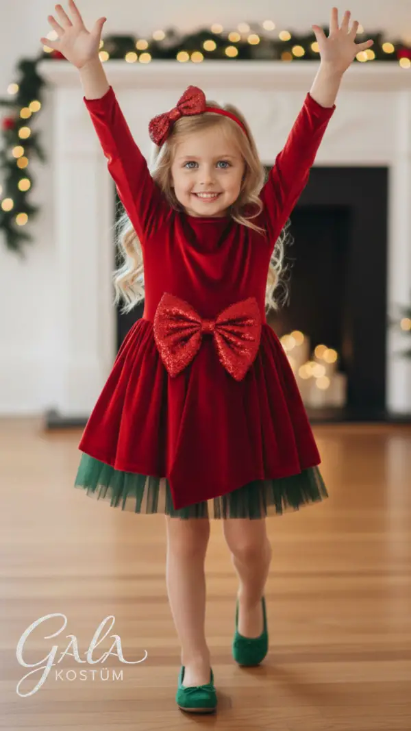 Kırmızı Kadife Yılbaşı Kız Çocuk Kostümü