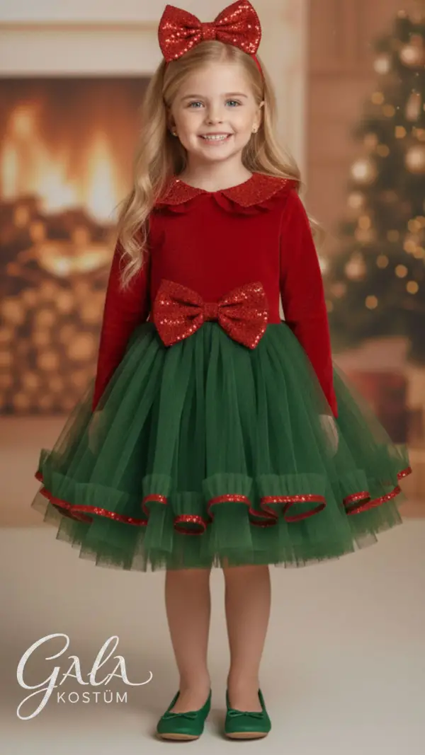 Kadife Pileli Yılbaşı Kız Çocuk Kostümü