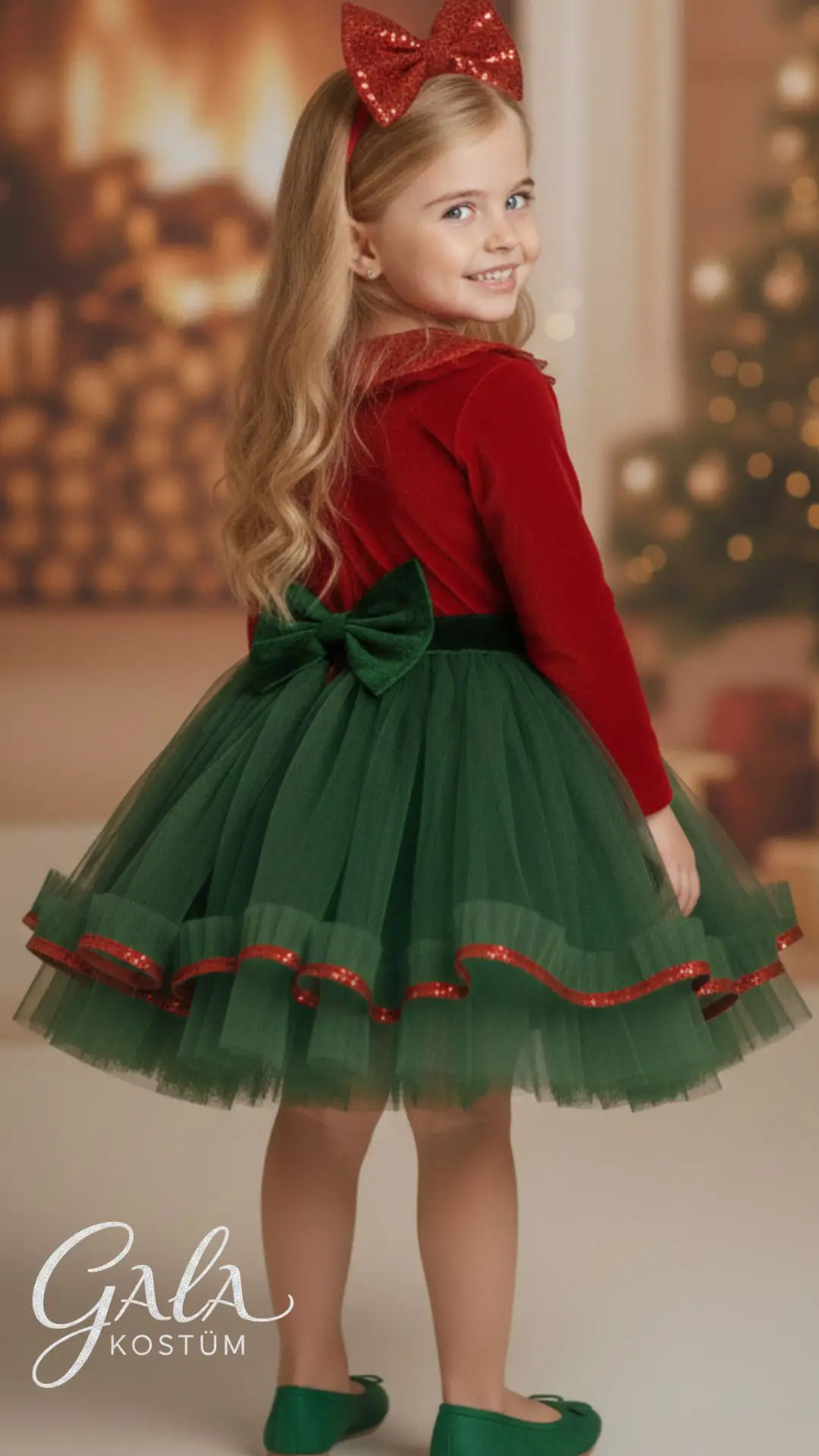 Kadife Pileli Yılbaşı Kız Çocuk Kostümü