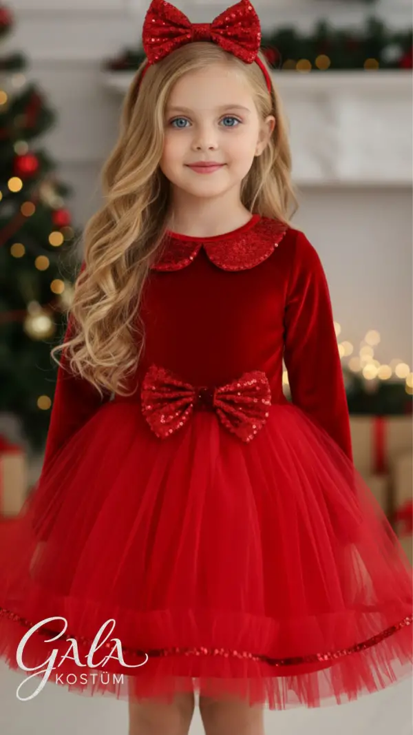 Kırmızı Kadife Pileli Yılbaşı Kız Çocuk Kostümü