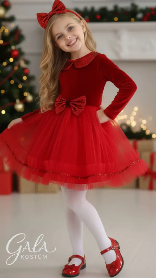 Kırmızı Kadife Pileli Yılbaşı Kız Çocuk Kostümü