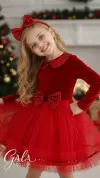Kırmızı Kadife Pileli Yılbaşı Kız Çocuk Kostümü