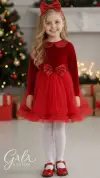 Kırmızı Kadife Pileli Yılbaşı Kız Çocuk Kostümü