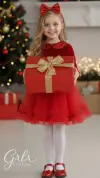 Kırmızı Kadife Pileli Yılbaşı Kız Çocuk Kostümü