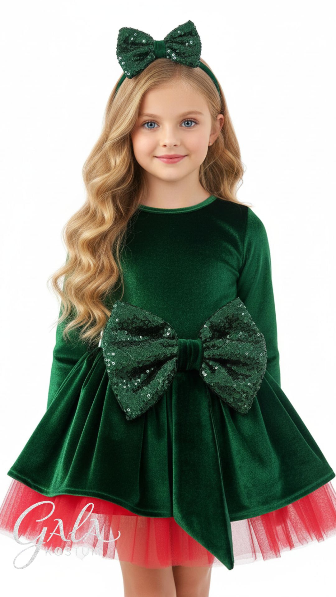 Kırmızı Kadife Pileli Yılbaşı Kız Çocuk Kostümü