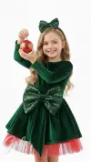 Kırmızı Kadife Pileli Yılbaşı Kız Çocuk Kostümü