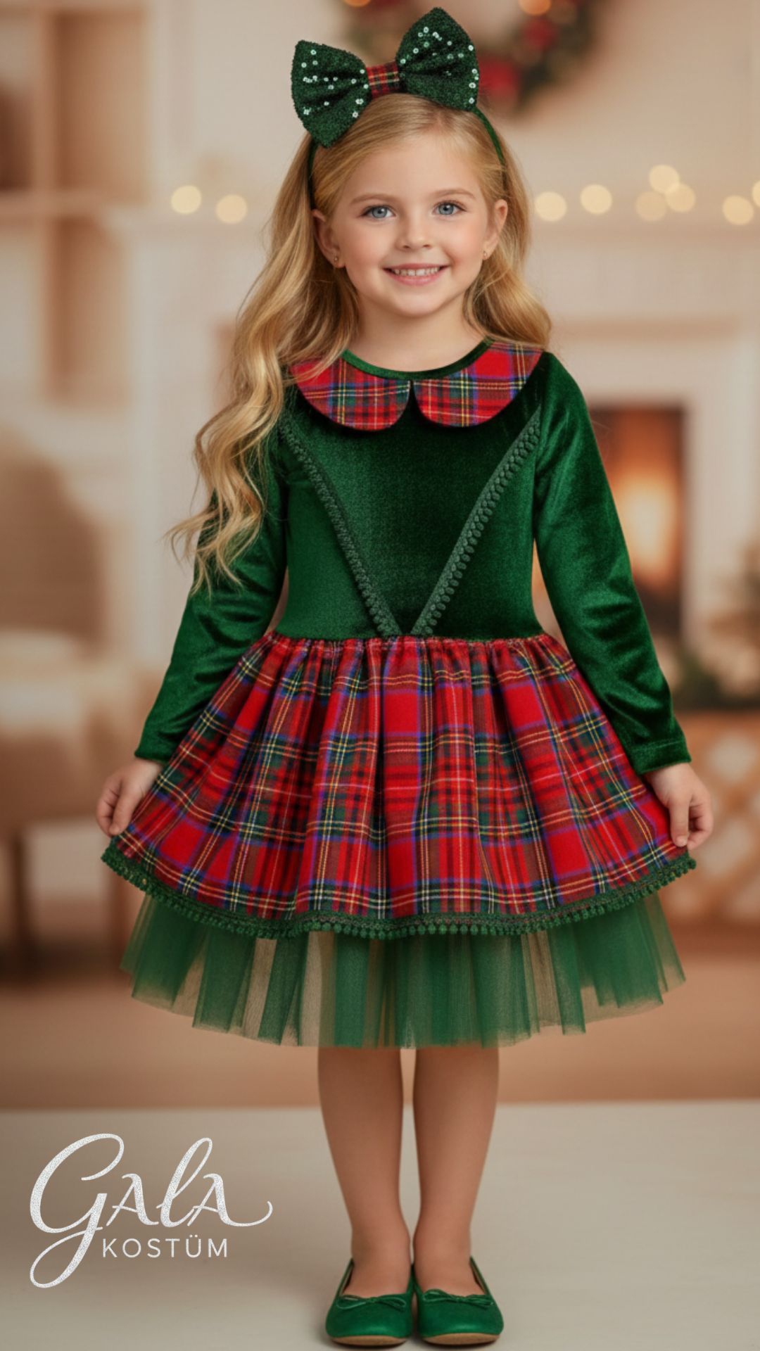 Yeşil Ekoseli Kadife Yılbaşı Kız Çocuk Kostümü