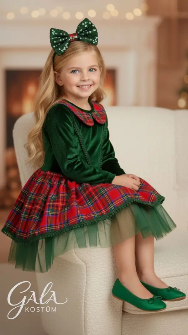 Yeşil Ekoseli Kadife Yılbaşı Kız Çocuk Kostümü